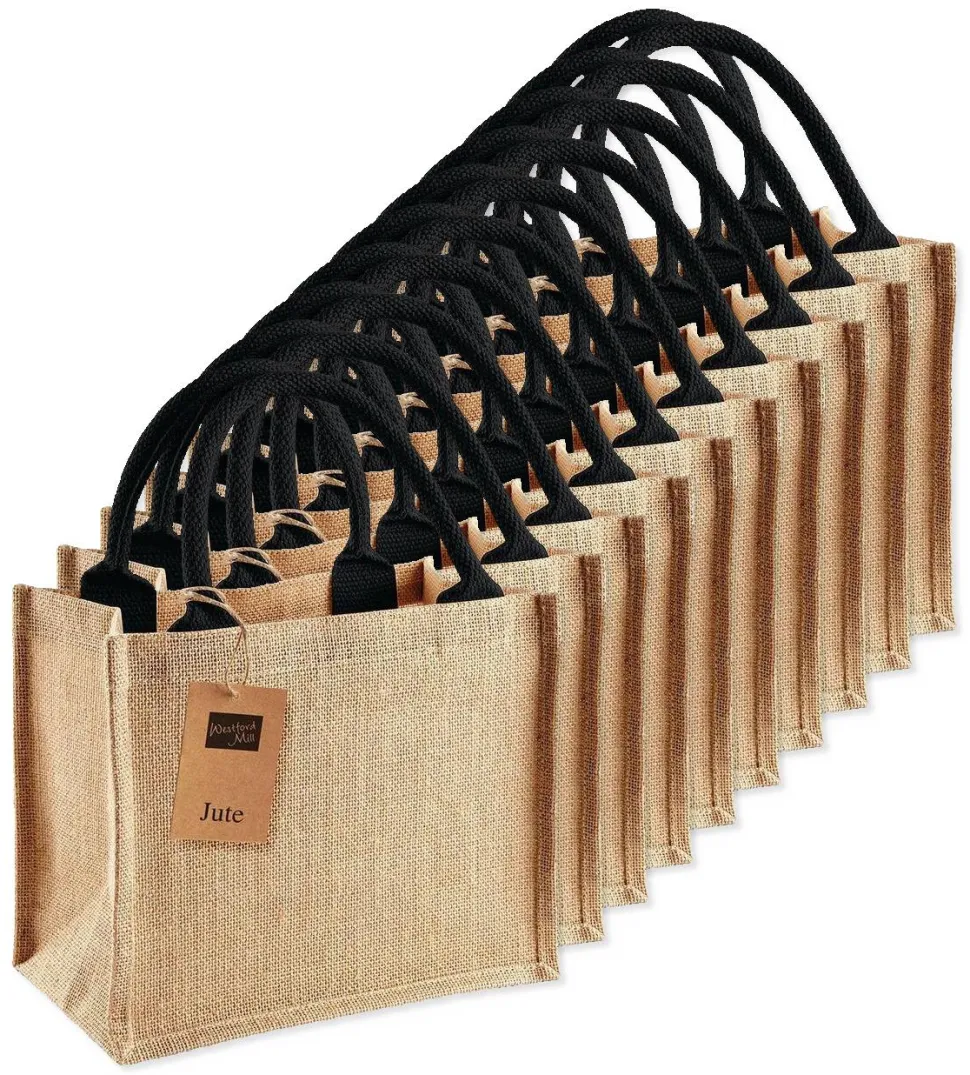 Pack de 25 Westford mill WM412 - Petit Sac en Toile de Jute - poignées en coton - dimensions 26x22x14cm