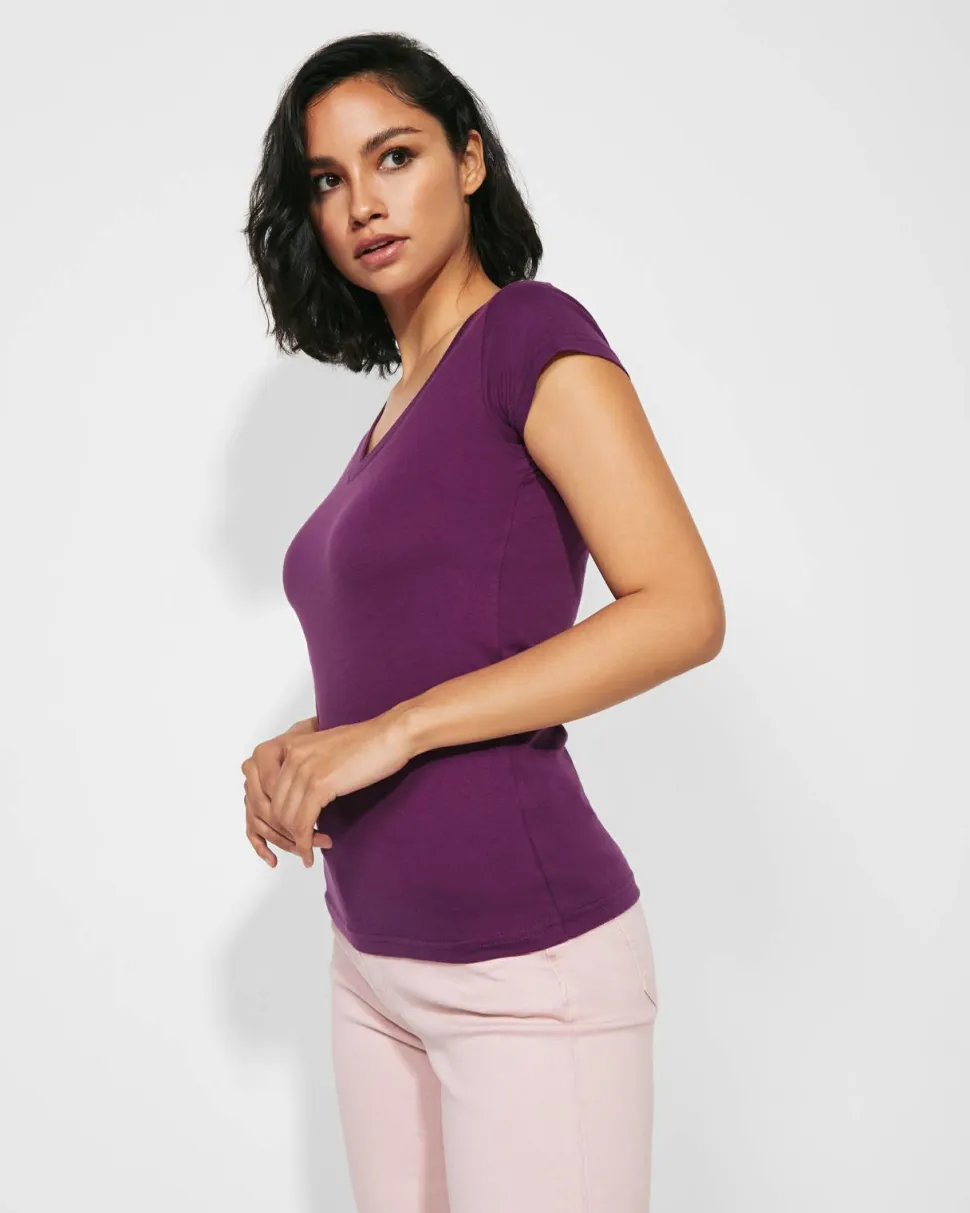 Roly CA6646 - T-shirt Femme Col V Coton avec Finitions Côtelées