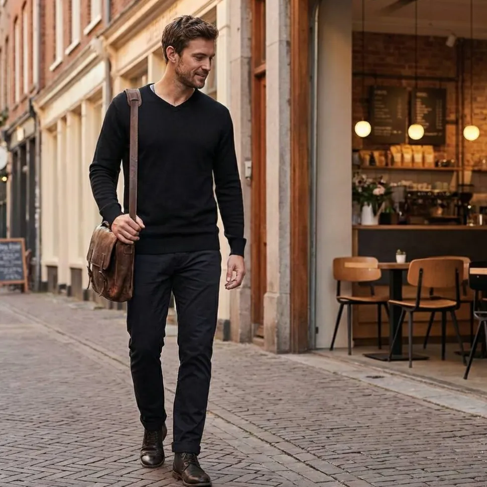 Russell Collection JZ710 - Pull Col V Homme Coton