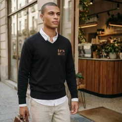 TH Clothes 30149 - Pull col V pour homme en coton et polyamide
