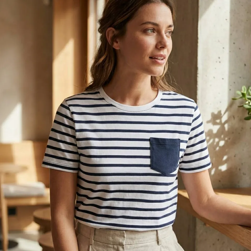 Kariban K378 - T-shirt rayé marin avec poche manches courtes